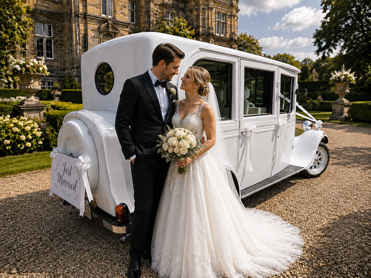 Bride and groom beside the white vintage Asquith wedding car at a manor house