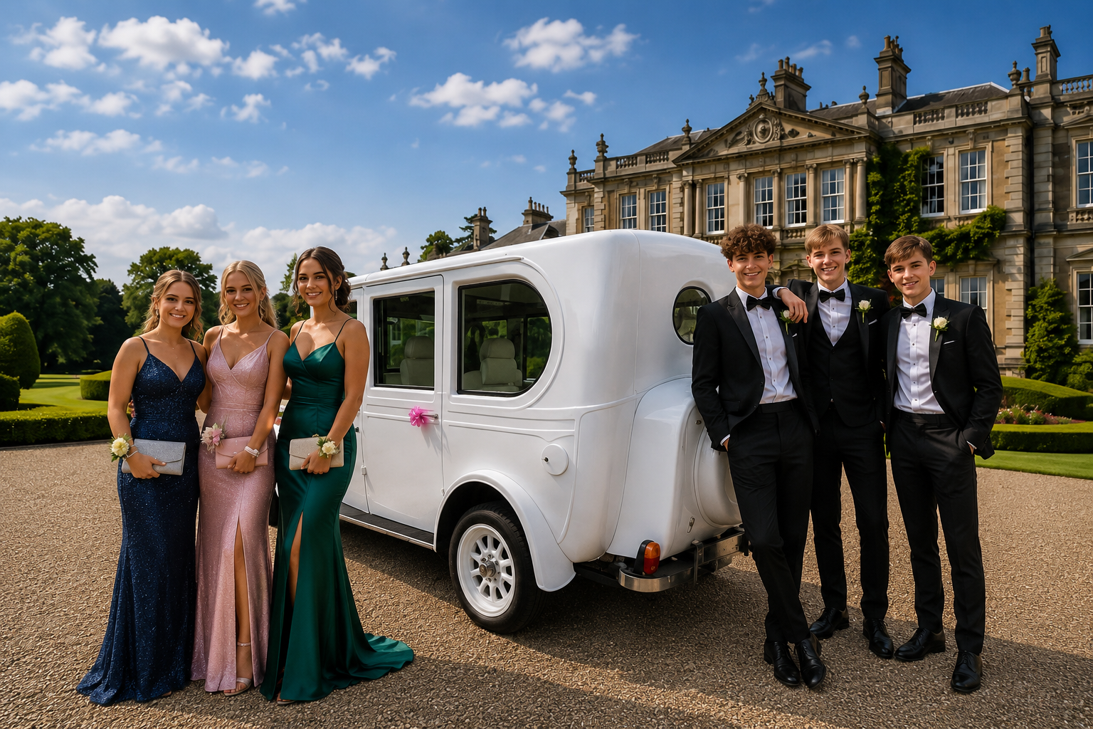 Students in prom dresses and tuxedos beside the white Asquith at a country house