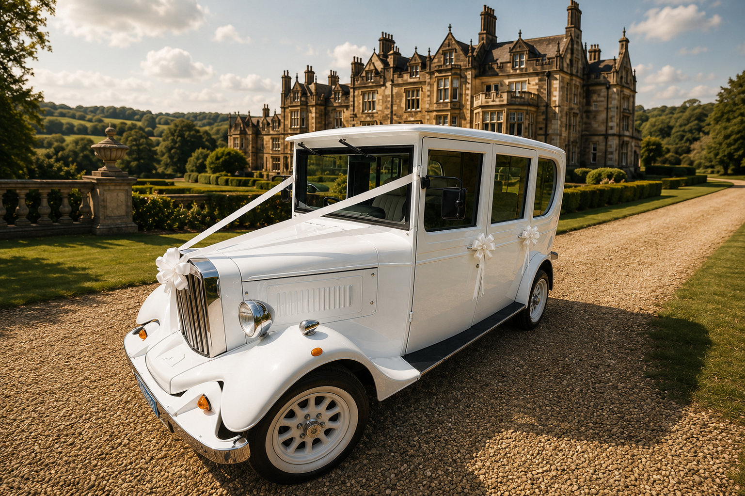 1930s Asquith vintage wedding car with white ribbon on a country estate driveway