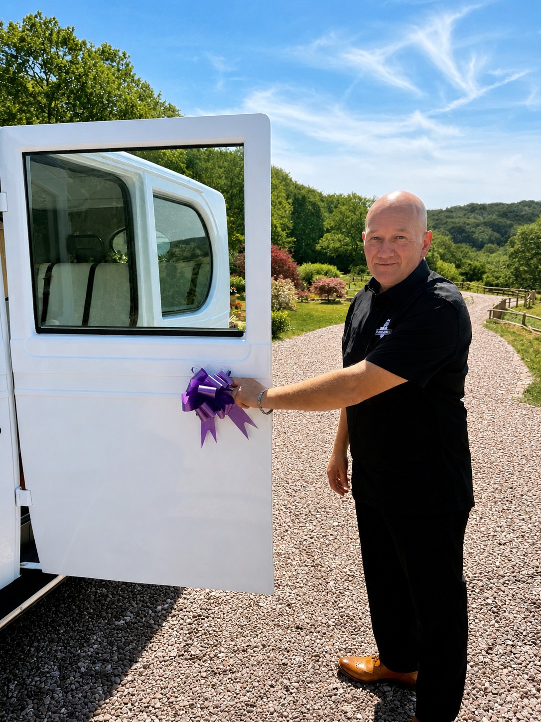 Chauffeur opening the door of the Frozen White Asquith dressed with a purple bow