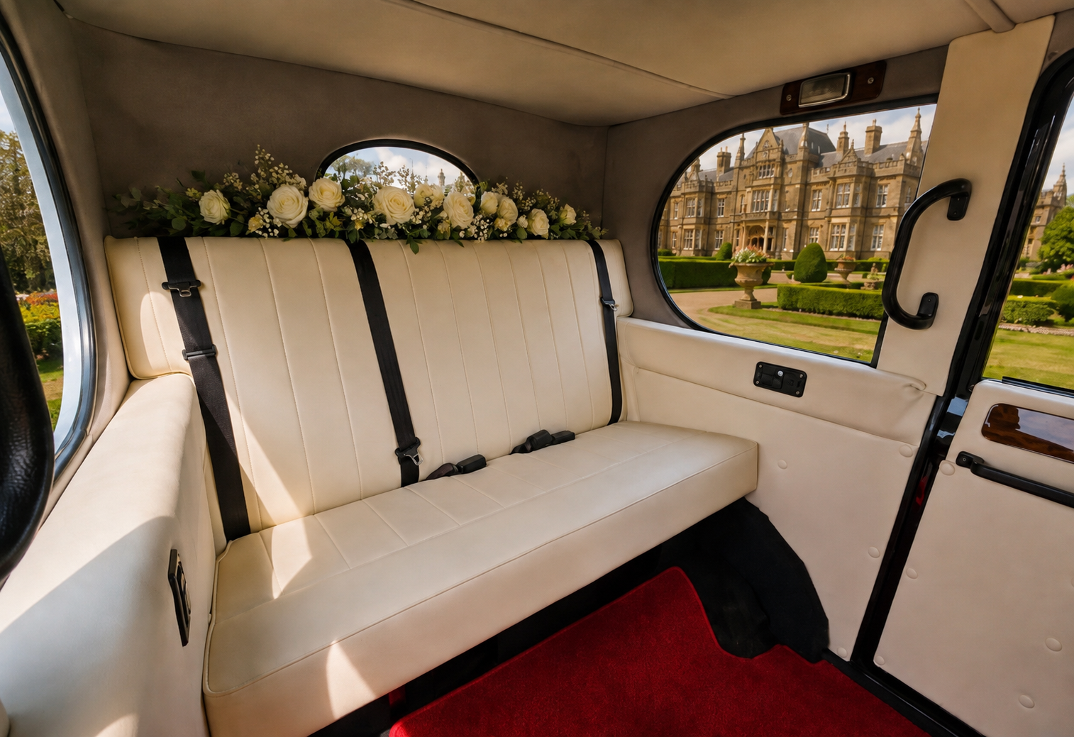 Cream leather rear bench and floral display inside the Asquith