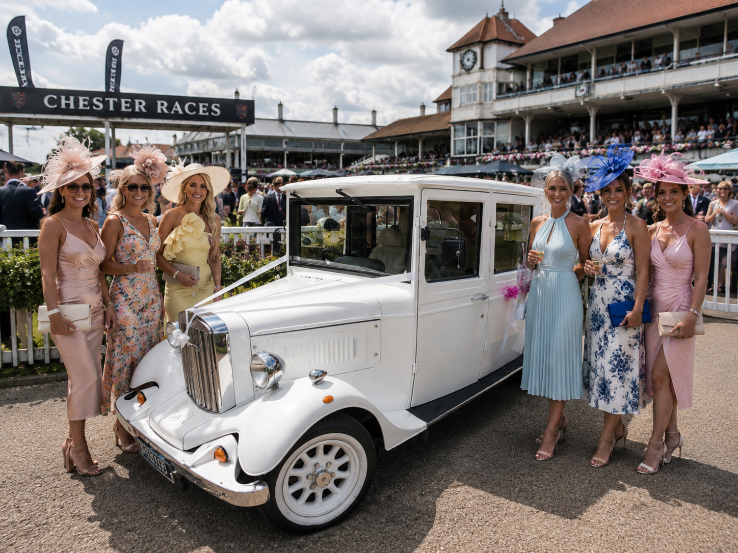 Guests in hats and summer dresses beside the white Asquith at Chester Races